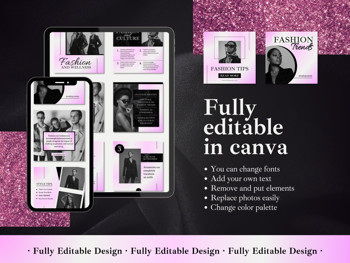 50 Fashion Posts Social Media Canva Templates Black & Gradient Pink Ig Fashion Post Template Fully Editable Fashion Ecommerce Social Media