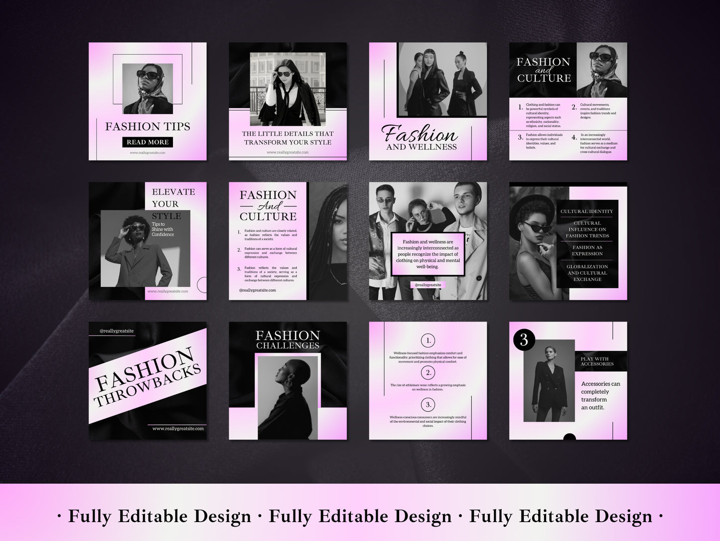 50 Fashion Posts Social Media Canva Templates Black & Gradient Pink Ig Fashion Post Template Fully Editable Fashion Ecommerce Social Media