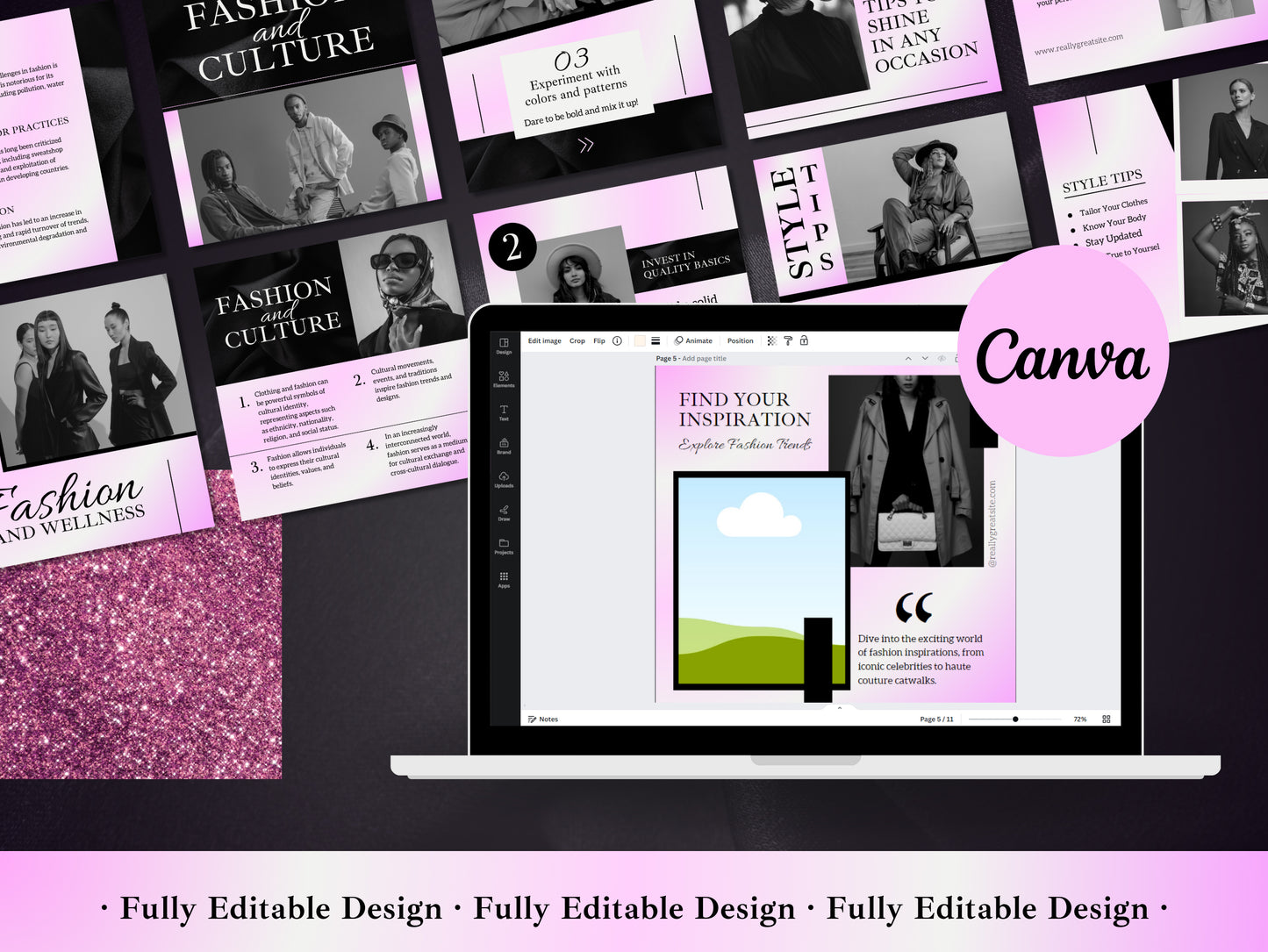 50 Fashion Posts Social Media Canva Templates Black & Gradient Pink Ig Fashion Post Template Fully Editable Fashion Ecommerce Social Media