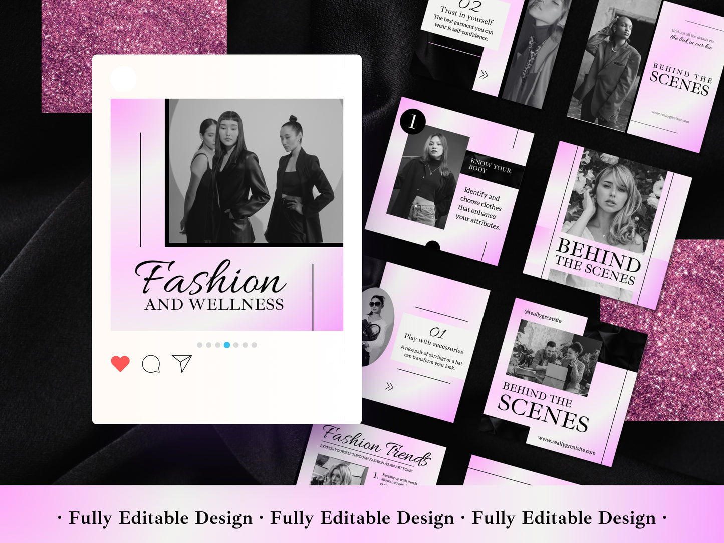 50 Fashion Posts Social Media Canva Templates Black & Gradient Pink Ig Fashion Post Template Fully Editable Fashion Ecommerce Social Media