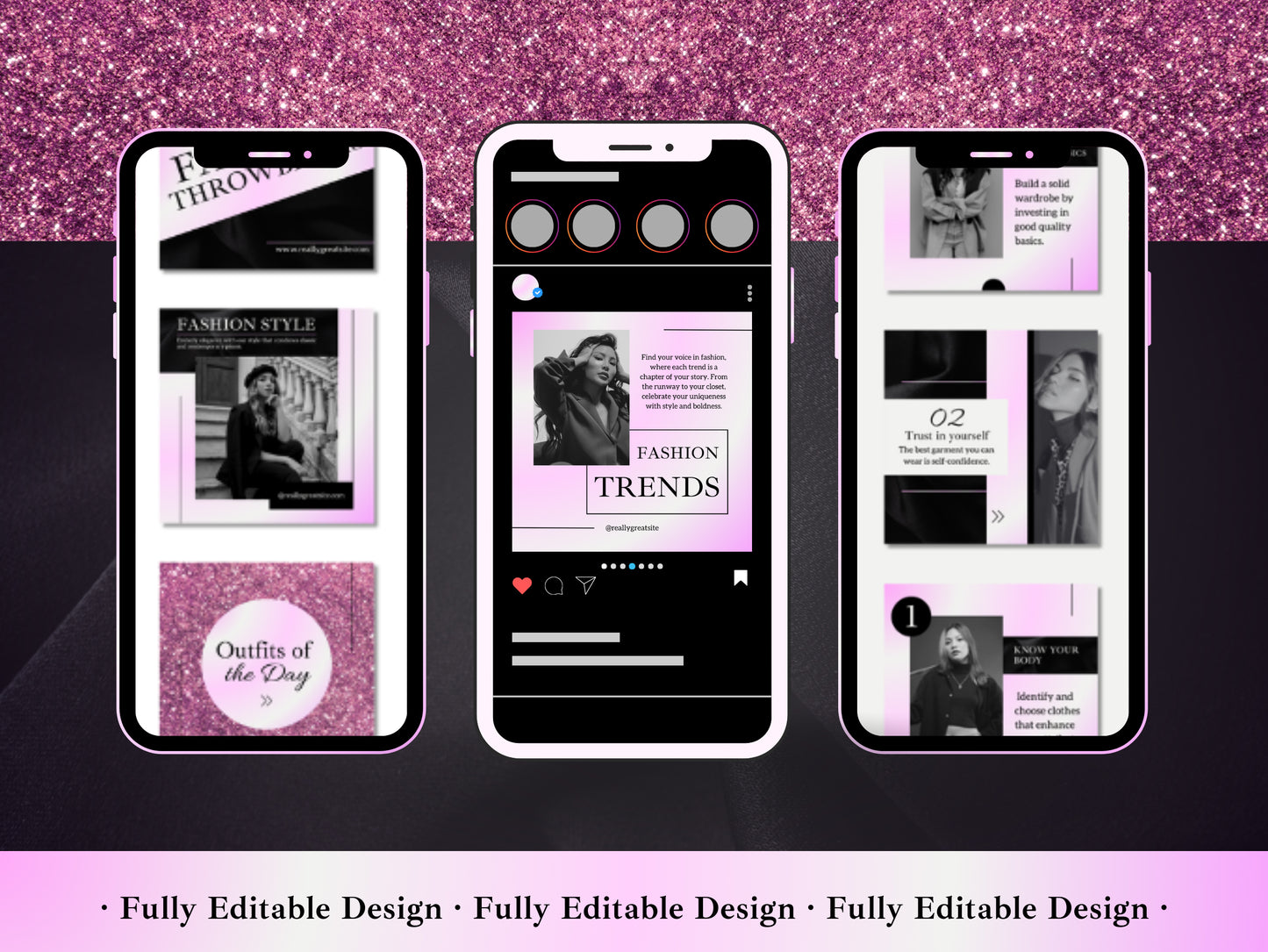 50 Fashion Posts Social Media Canva Templates Black & Gradient Pink Ig Fashion Post Template Fully Editable Fashion Ecommerce Social Media