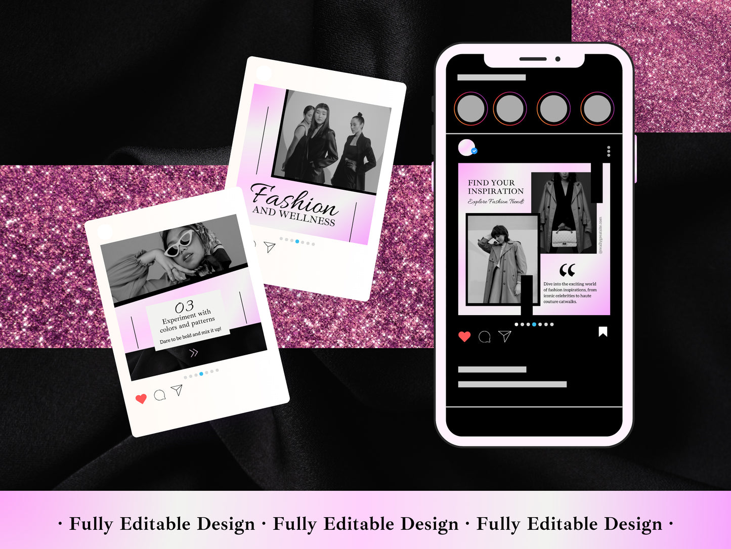 50 Fashion Posts Social Media Canva Templates Black & Gradient Pink Ig Fashion Post Template Fully Editable Fashion Ecommerce Social Media