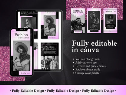 50 Fashion Stories Canva Templates Black & Gradient Pink For Social Media And Fashion Story Templates Instagram Content Fashionist Ecommerce