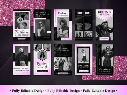 50 Fashion Stories Canva Templates Black & Gradient Pink For Social Media And Fashion Story Templates Instagram Content Fashionist Ecommerce