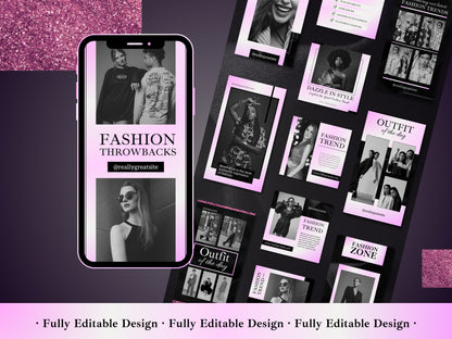 50 Fashion Stories Canva Templates Black & Gradient Pink For Social Media And Fashion Story Templates Instagram Content Fashionist Ecommerce