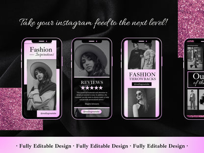 50 Fashion Stories Canva Templates Black & Gradient Pink For Social Media And Fashion Story Templates Instagram Content Fashionist Ecommerce