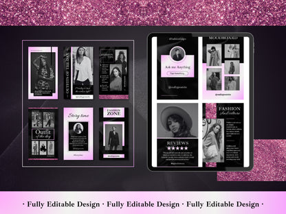 50 Fashion Stories Canva Templates Black & Gradient Pink For Social Media And Fashion Story Templates Instagram Content Fashionist Ecommerce