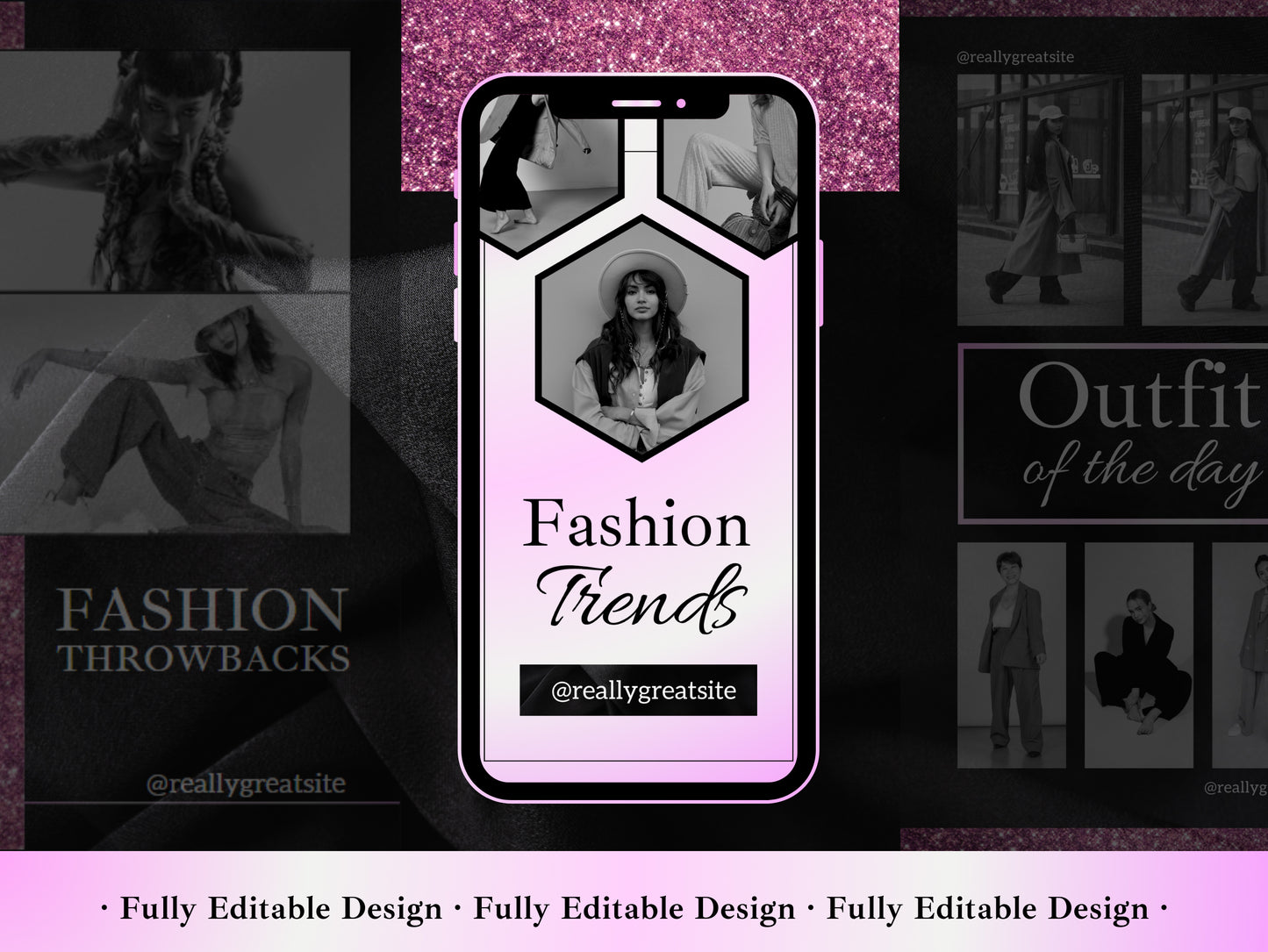 50 Fashion Stories Canva Templates Black & Gradient Pink For Social Media And Fashion Story Templates Instagram Content Fashionist Ecommerce