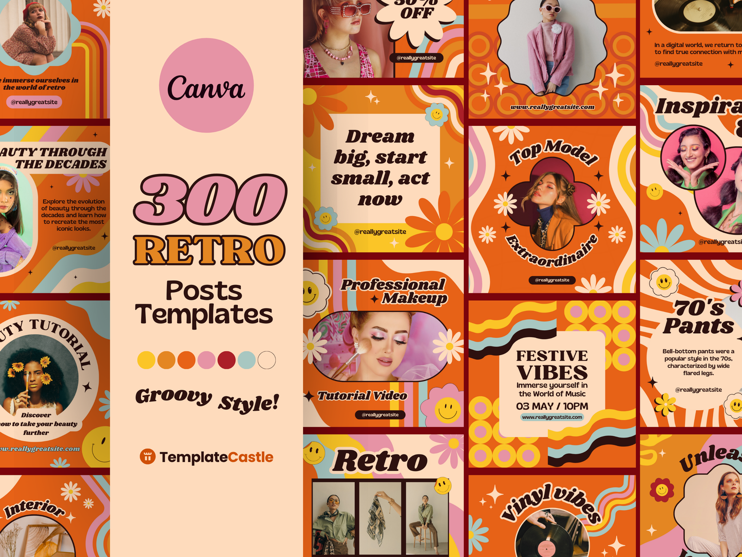 300 Retro Post Templates 70's  Canva Editable Templates Social Media Pack Instagram groovy Posts IG Retro Posts Canva