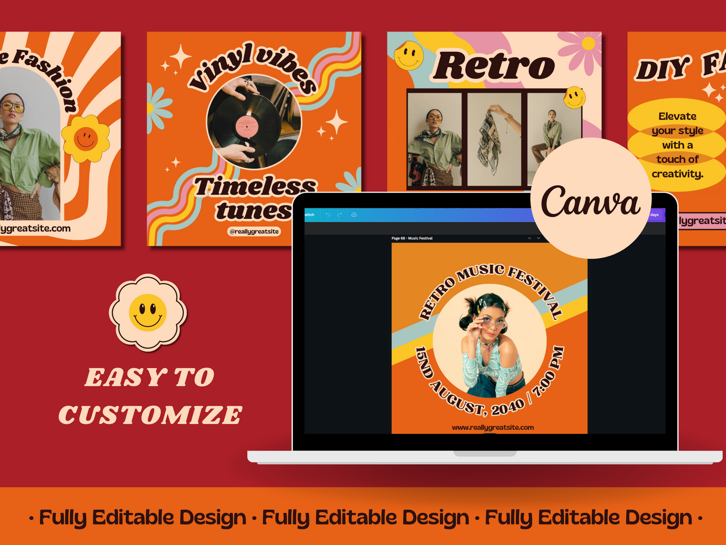 300 Retro Post Templates 70's  Canva Editable Templates Social Media Pack Instagram groovy Posts IG Retro Posts Canva