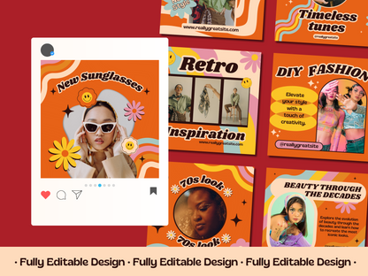 300 Retro Post Templates 70's  Canva Editable Templates Social Media Pack Instagram groovy Posts IG Retro Posts Canva