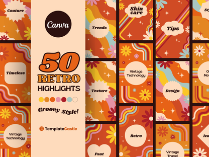 50 Retro Instagram Highlights Templates Groovy Canva Editable posts Vintage Social Media Profile Highlights