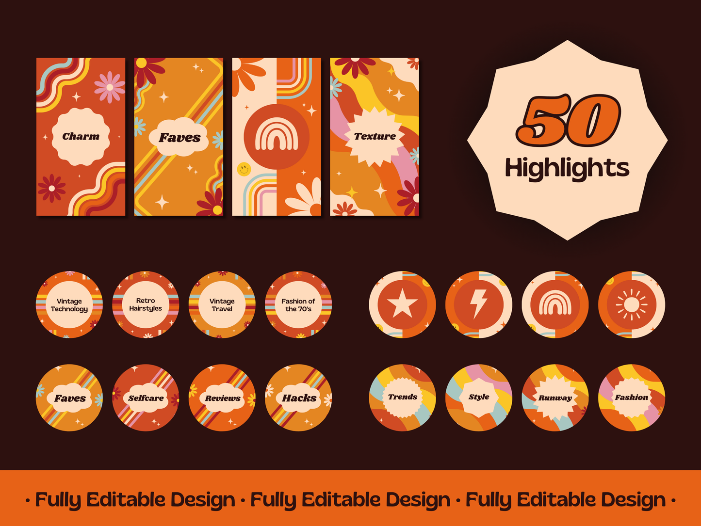 50 Retro Instagram Highlights Templates Groovy Canva Editable posts Vintage Social Media Profile Highlights