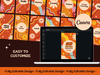 50 Retro Instagram Highlights Templates Groovy Canva Editable posts Vintage Social Media Profile Highlights