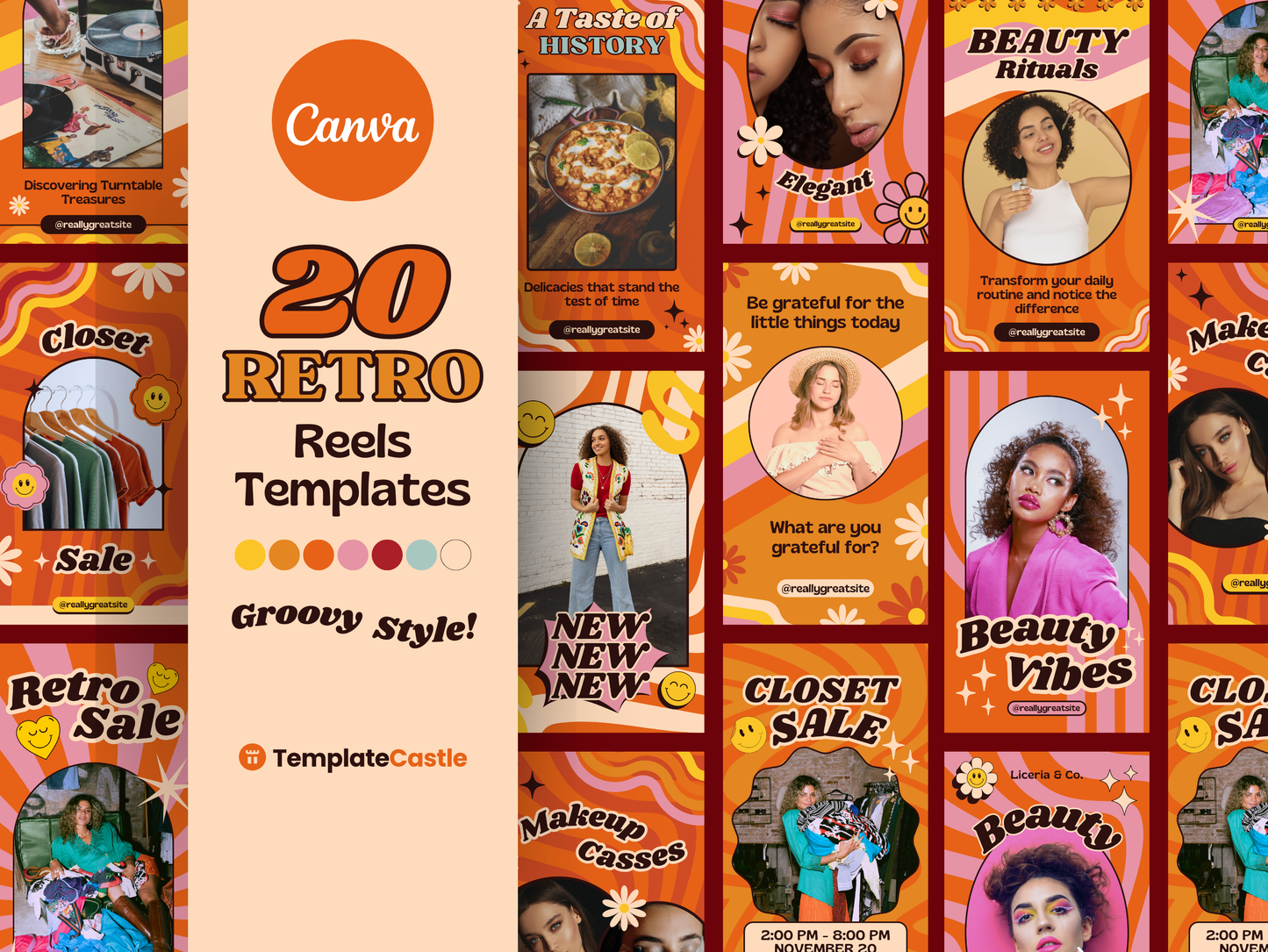 20 Retro Reels Templates Groovy Canva Editable Reels Vintage Social Media Templates 70's Style IG Reels Instagram Reels