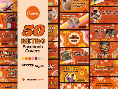 50 Retro Cover Templates Groovy Canva Editable templates Vintage Social Media Posts 70's Style Covers Templates Collection