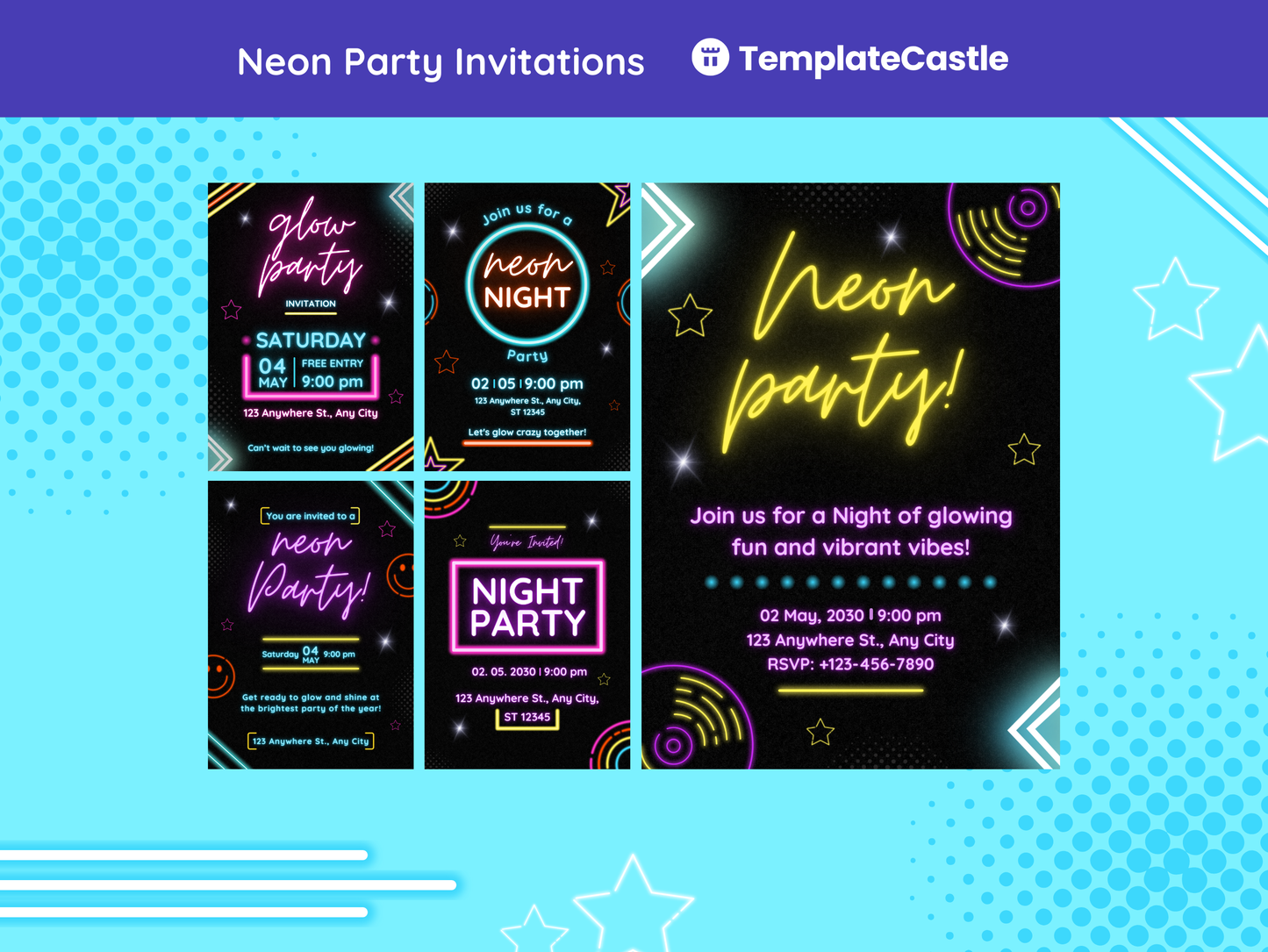 Neon Party Invitations Templates Bundle Canva Editable Neon Party Invitations Templates Customizable Glow Party Invitations Design Pack