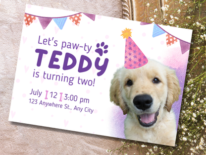 Let's Paw-ty - Pet Birthday Canva Invitation Template - Customizable & Cute Design for Teddy's Celebration