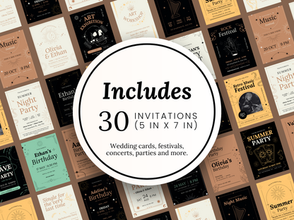 30 Invitation Templates, Editable Canva Invitations Bundle Birthdays Invitations Weddings Invitations Festivals Invitations Art Events