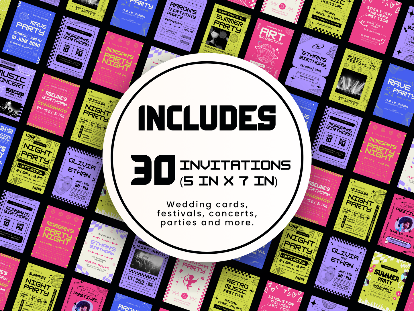 30 Retro Y2K Canva Invitation Templates Bundle - Editable Wedding, Party, Art & Music Event Digital Invites