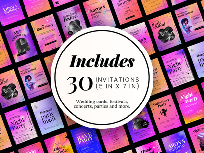 30 Gradient Invitation Templates Bundle: Editable Canva Templates for Birthday, Wedding, Festival & Art Events