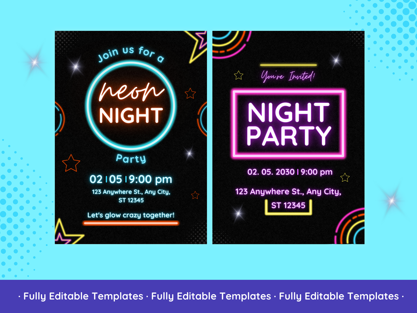 Neon Party Invitations Templates Bundle Canva Editable Neon Party Invitations Templates Customizable Glow Party Invitations Design Pack