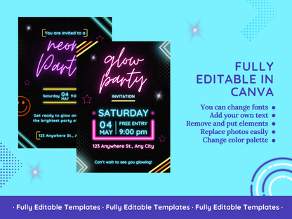 Neon Party Invitations Templates Bundle Canva Editable Neon Party Invitations Templates Customizable Glow Party Invitations Design Pack