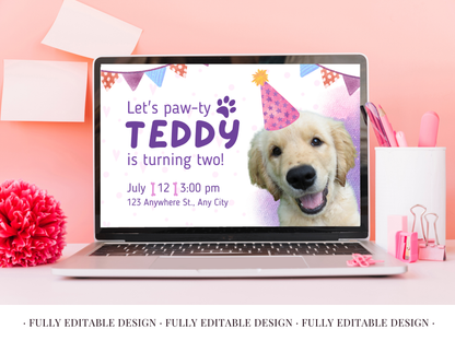 Let's Paw-ty - Pet Birthday Canva Invitation Template - Customizable & Cute Design for Teddy's Celebration