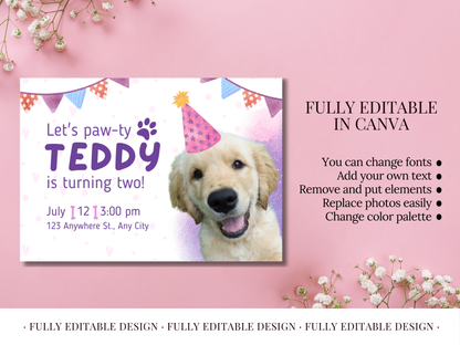 Let's Paw-ty - Pet Birthday Canva Invitation Template - Customizable & Cute Design for Teddy's Celebration