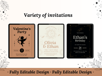 30 Invitation Templates, Editable Canva Invitations Bundle Birthdays Invitations Weddings Invitations Festivals Invitations Art Events