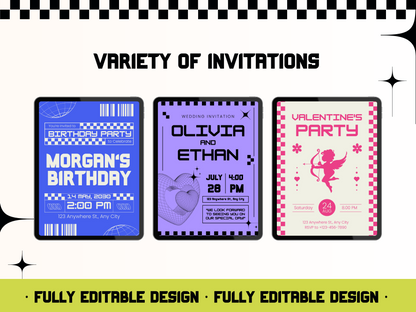 30 Retro Y2K Canva Invitation Templates Bundle - Editable Wedding, Party, Art & Music Event Digital Invites