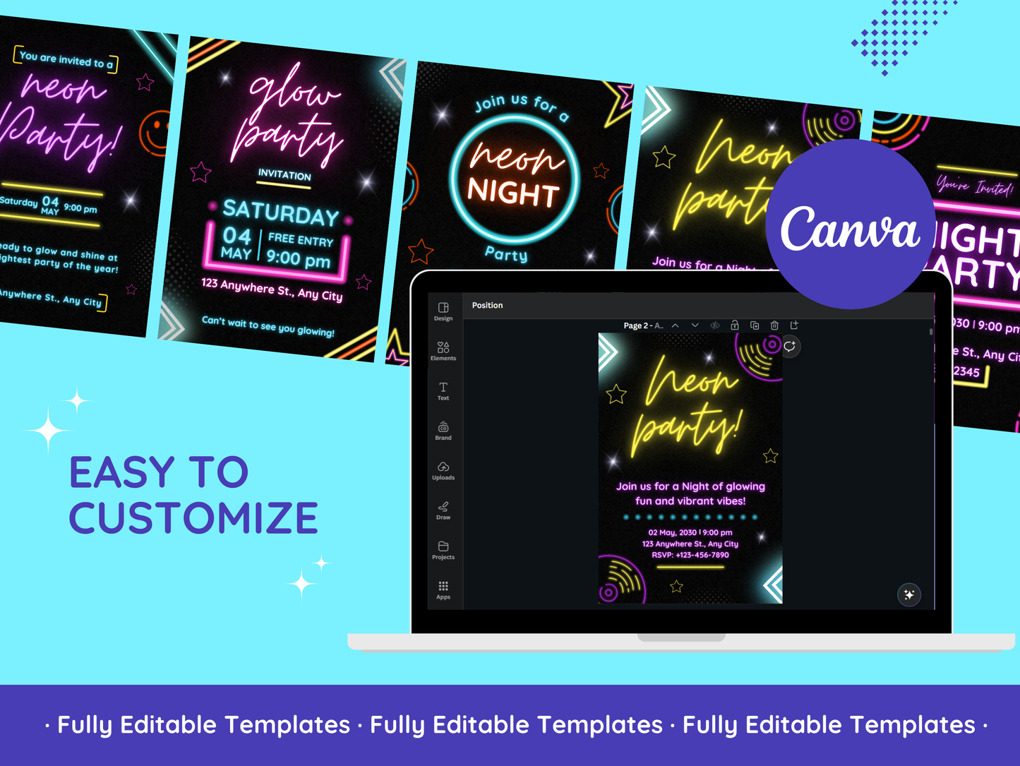 Neon Party Invitations Templates Bundle Canva Editable Neon Party Invitations Templates Customizable Glow Party Invitations Design Pack