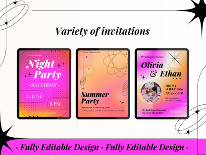 30 Gradient Invitation Templates Bundle: Editable Canva Templates for Birthday, Wedding, Festival & Art Events