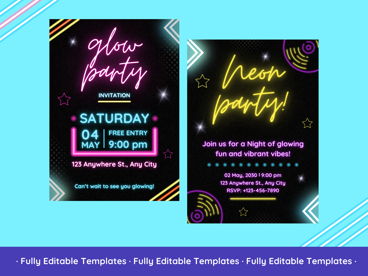 Neon Party Invitations Templates Bundle Canva Editable Neon Party Invitations Templates Customizable Glow Party Invitations Design Pack