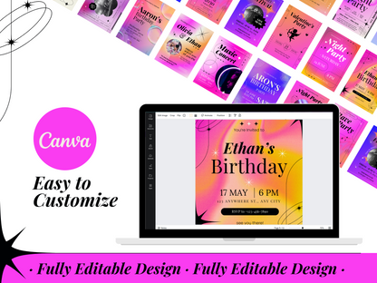 30 Gradient Invitation Templates Bundle: Editable Canva Templates for Birthday, Wedding, Festival & Art Events