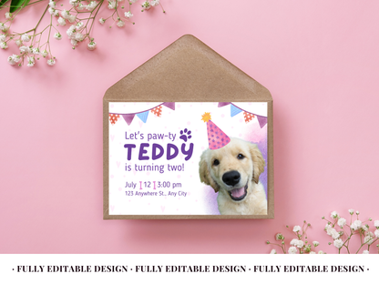 Let's Paw-ty - Pet Birthday Canva Invitation Template - Customizable & Cute Design for Teddy's Celebration