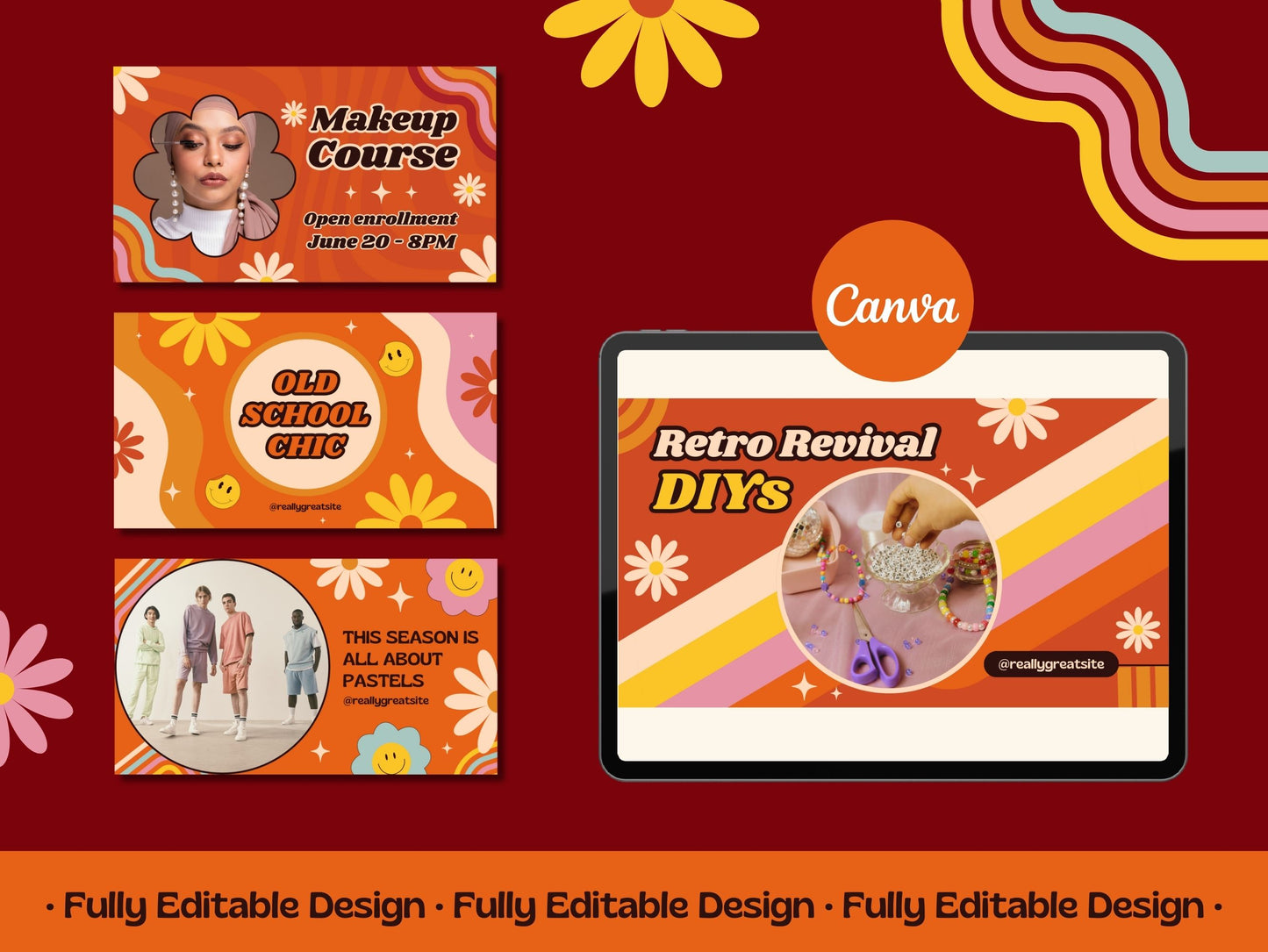 50 Retro Cover Templates Groovy Canva Editable templates Vintage Social Media Posts 70's Style Covers Templates Collection