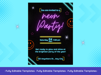 Neon Party Invitations Templates Bundle Canva Editable Neon Party Invitations Templates Customizable Glow Party Invitations Design Pack