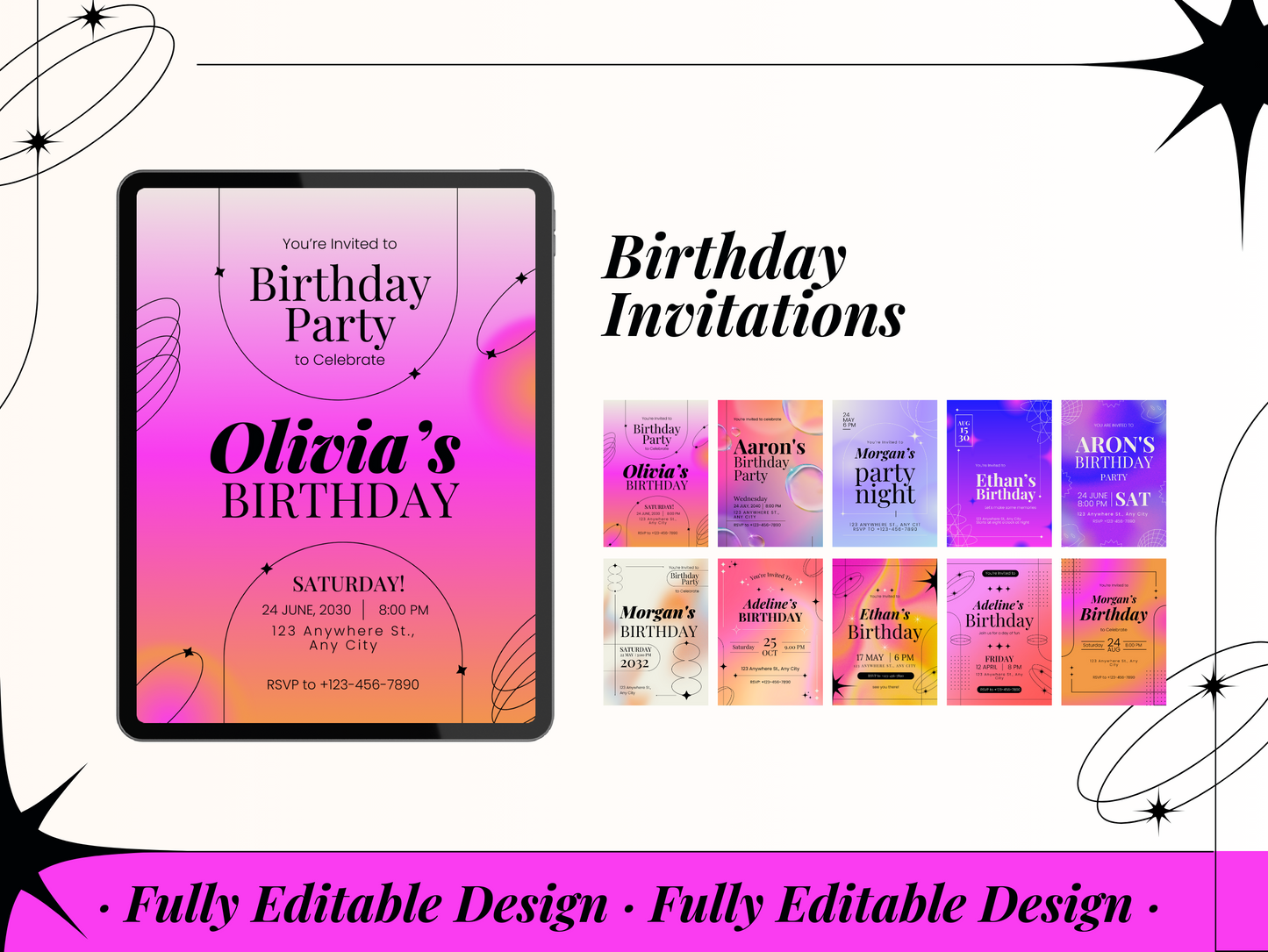 30 Gradient Invitation Templates Bundle: Editable Canva Templates for Birthday, Wedding, Festival & Art Events