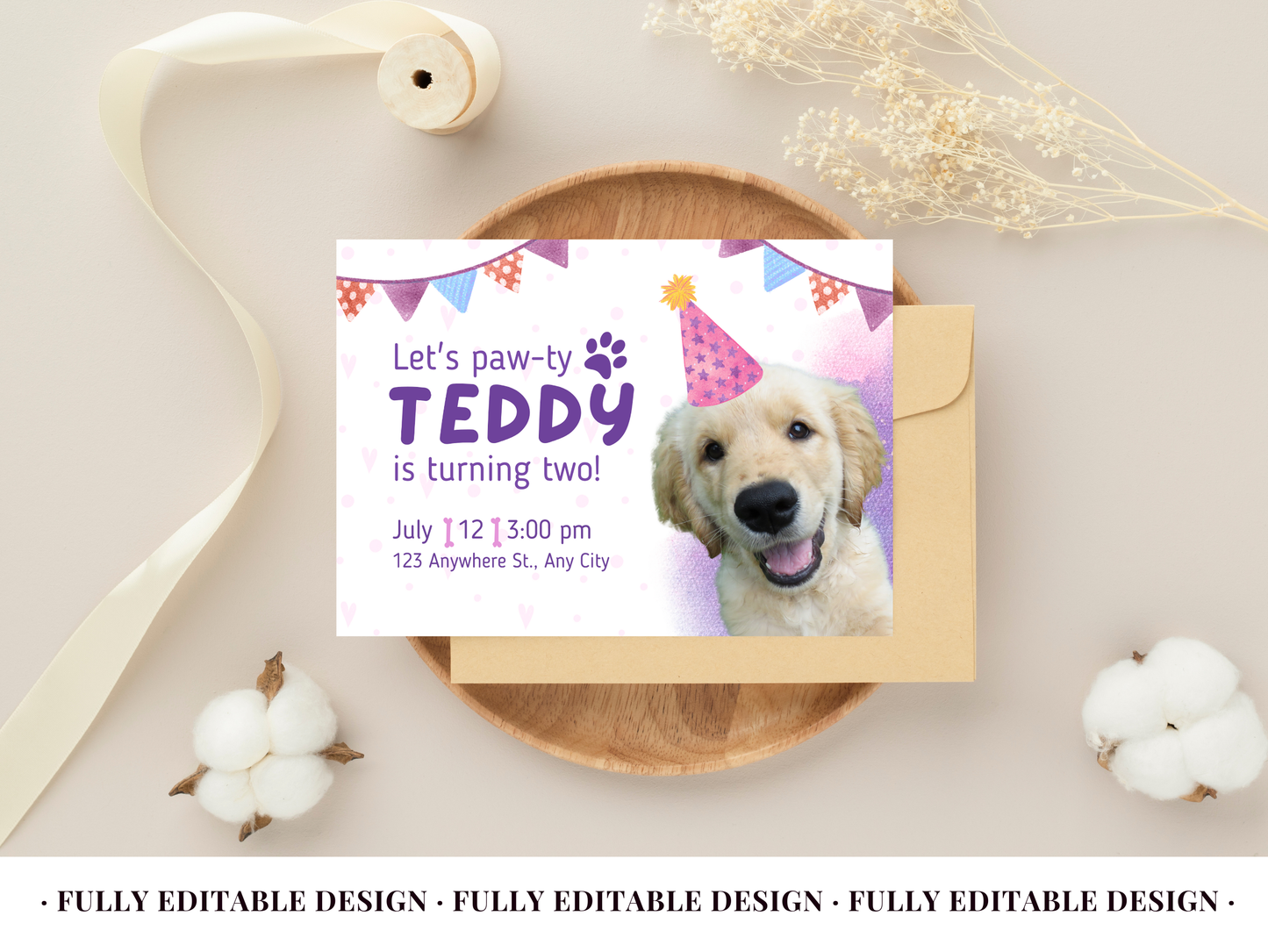 Let's Paw-ty - Pet Birthday Canva Invitation Template - Customizable & Cute Design for Teddy's Celebration