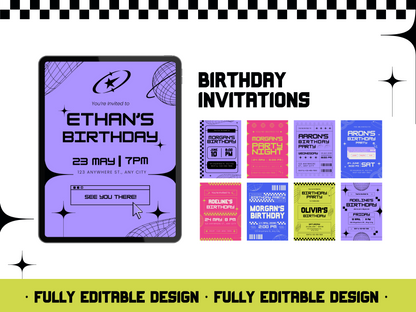 30 Retro Y2K Canva Invitation Templates Bundle - Editable Wedding, Party, Art & Music Event Digital Invites