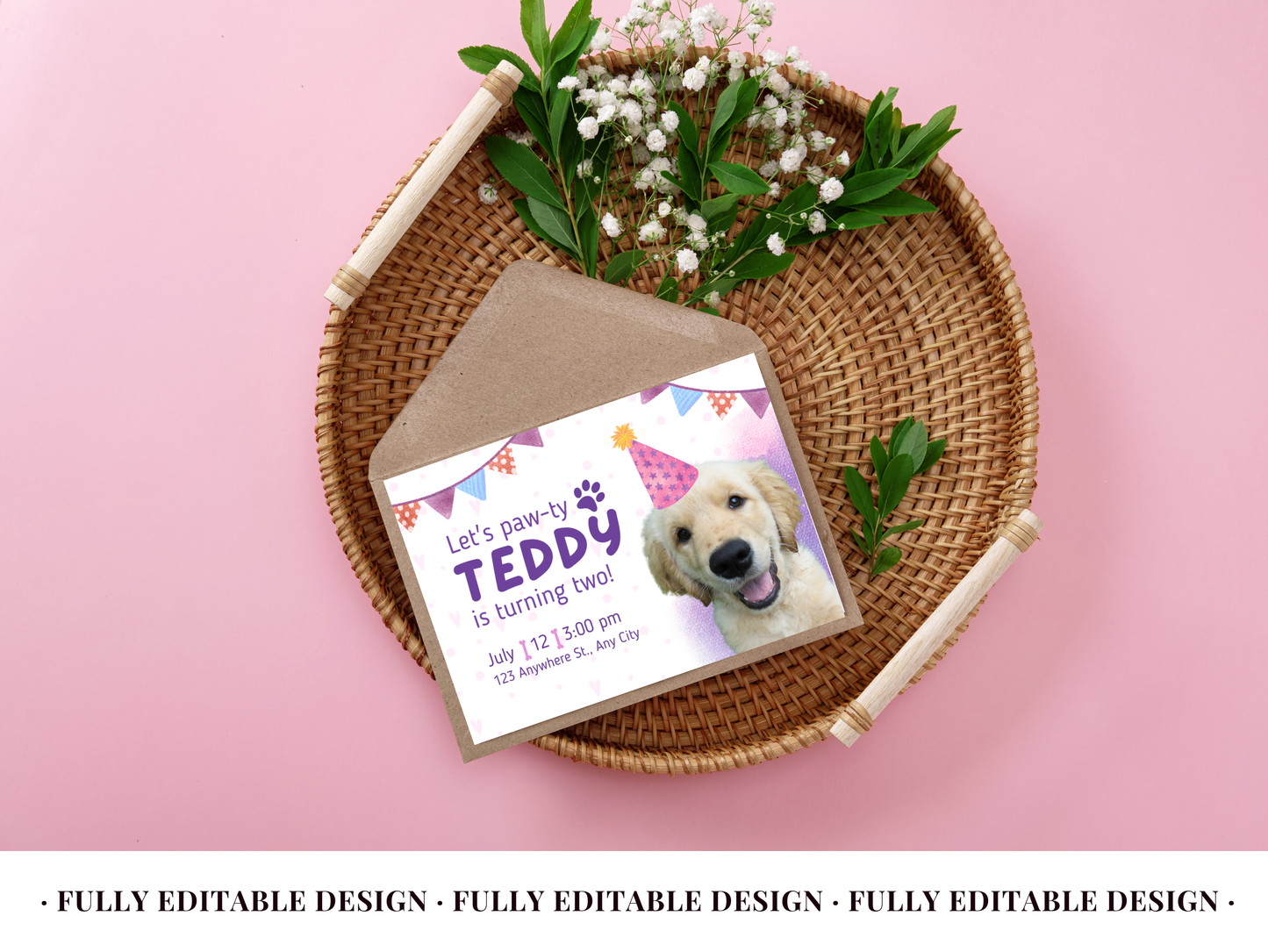 Let's Paw-ty - Pet Birthday Canva Invitation Template - Customizable & Cute Design for Teddy's Celebration