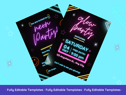 Neon Party Invitations Templates Bundle Canva Editable Neon Party Invitations Templates Customizable Glow Party Invitations Design Pack