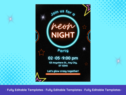 Neon Party Invitations Templates Bundle Canva Editable Neon Party Invitations Templates Customizable Glow Party Invitations Design Pack