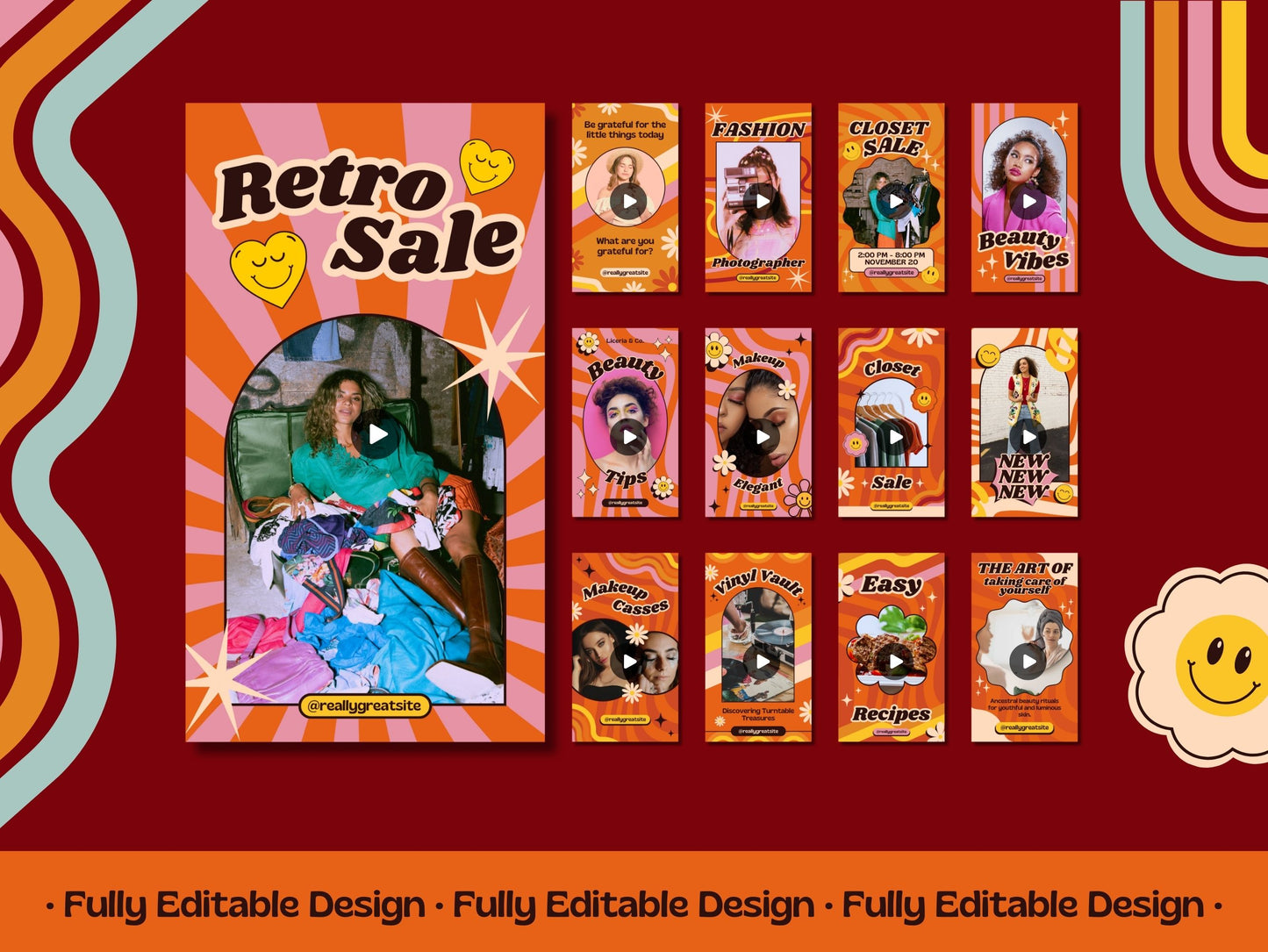 20 Retro Reels Templates Groovy Canva Editable Reels Vintage Social Media Templates 70's Style IG Reels Instagram Reels