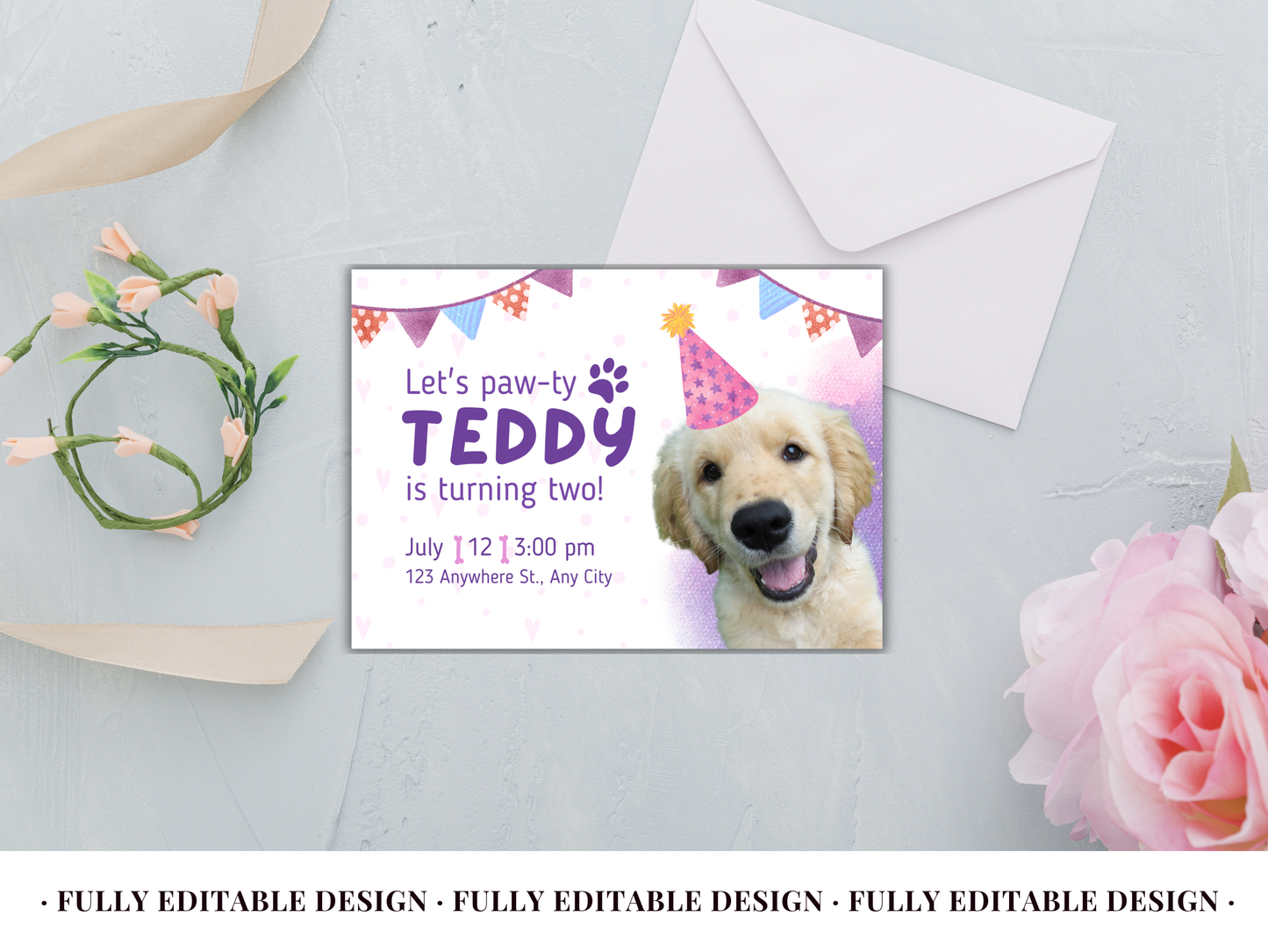 Let's Paw-ty - Pet Birthday Canva Invitation Template - Customizable & Cute Design for Teddy's Celebration