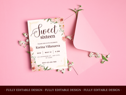 5 Sweet Sixteen Invitations Floral Templates Elegant Sweet 16 Party Invitations Templates Sweet 16th Editable Canva Invitations Templates