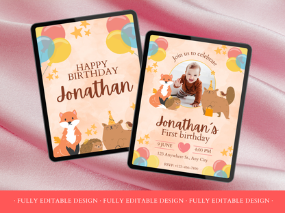 2 First Birthday Invitations Cute Woodland Editable First Birthday Invitation Template Canva Template Boys and Girls Birthday Cards