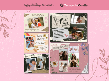 5 Happy Birthday Scrapbook Templates Editable Canva Scrapbook Happy Birthday Collage Photo Templates Digital Scrapbook Birthday Templates