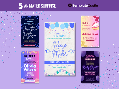 5 Animated Surprise Birthday Invitations Templates Editable Canva Animated Templates Happy Birthday Party Digital Invitations Templates